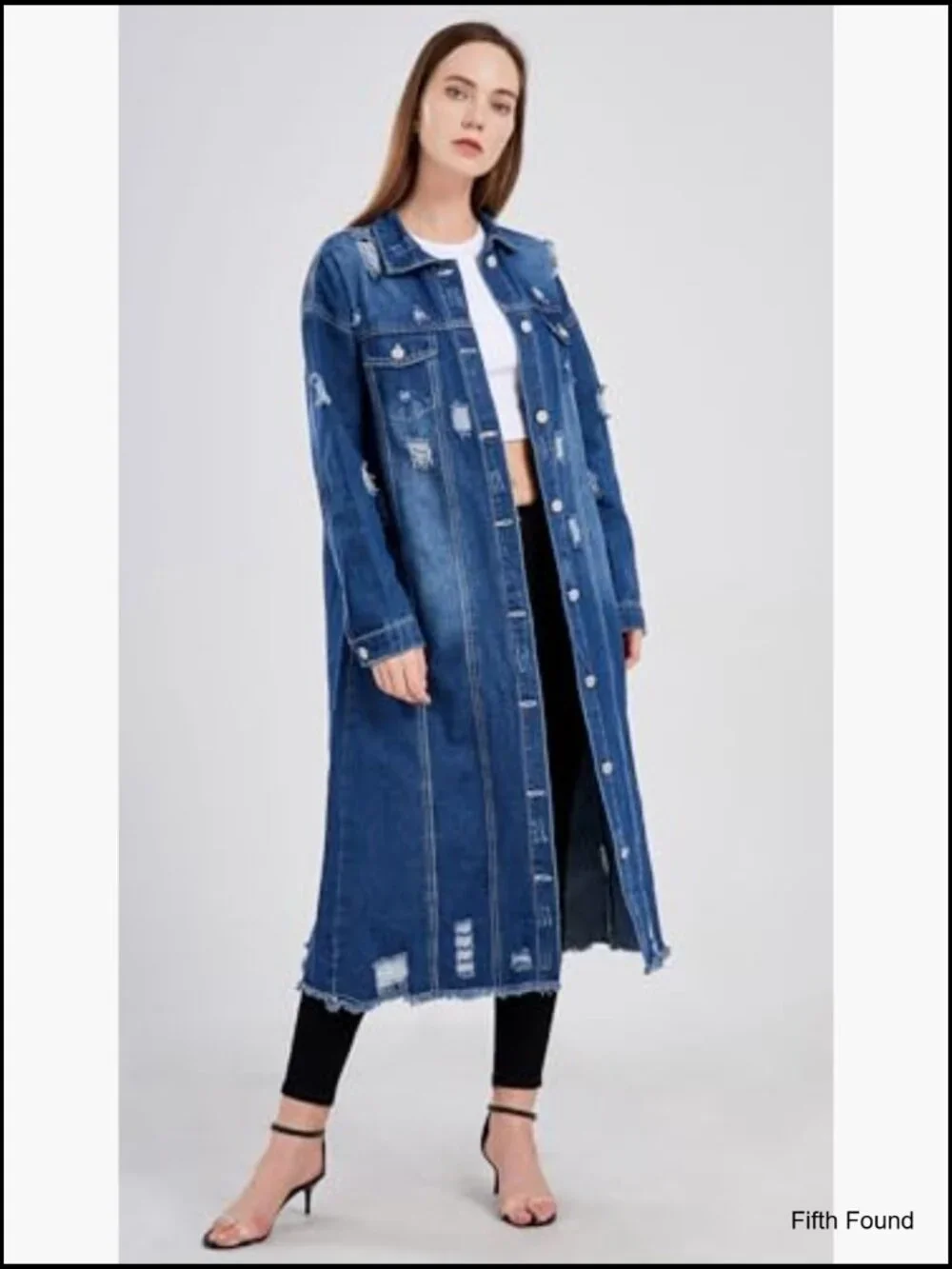 Shredded Distressed Long Denim Duster Coat Jacket Womens Oversized - Picture 3 of 7
